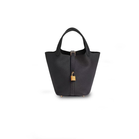 ¥820【HERMES】 ⭐⭐H056⭐289 源 金扣 牛皮 菜篮子包手提包 女款 深蓝色 长13.5cm 宽18cm 高19cm 源源
